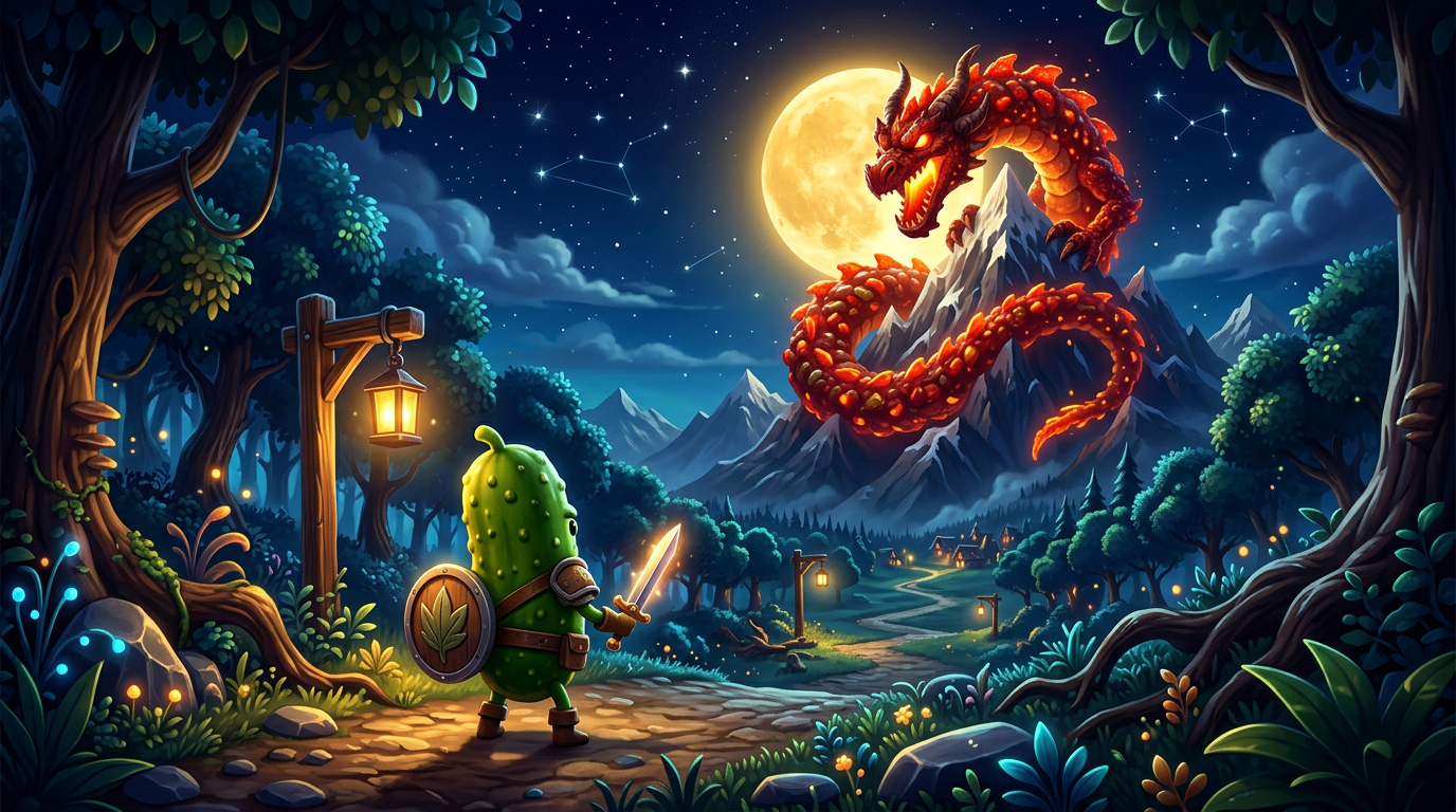 Pip the pickle with a sword facing a red relish dragon under the moon