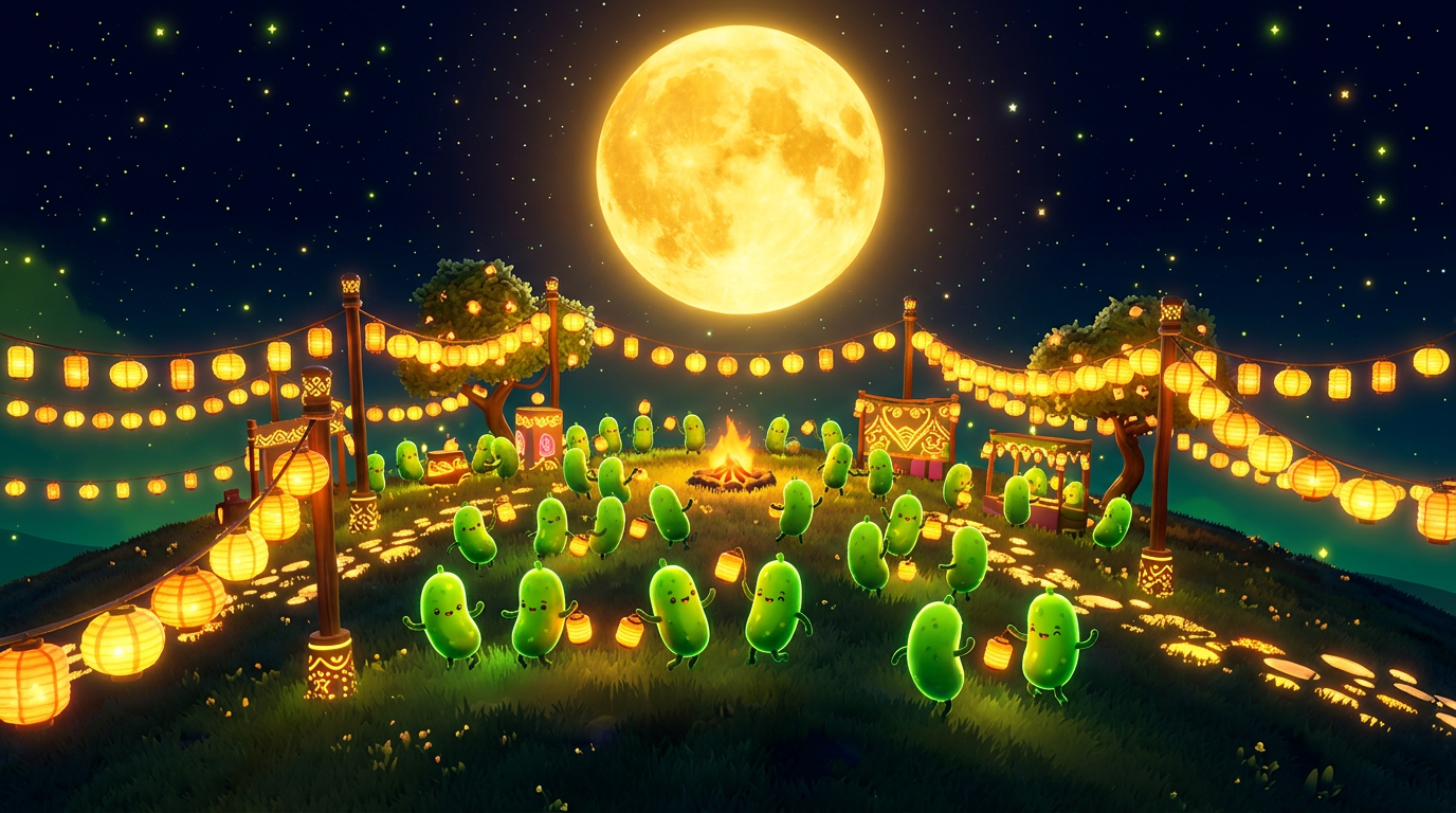 Pickles dancing under glowing lanterns.