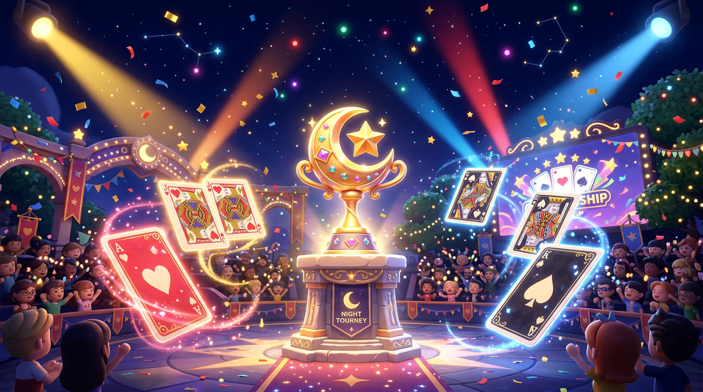 A golden moon trophy surrounded by floating playing cards.