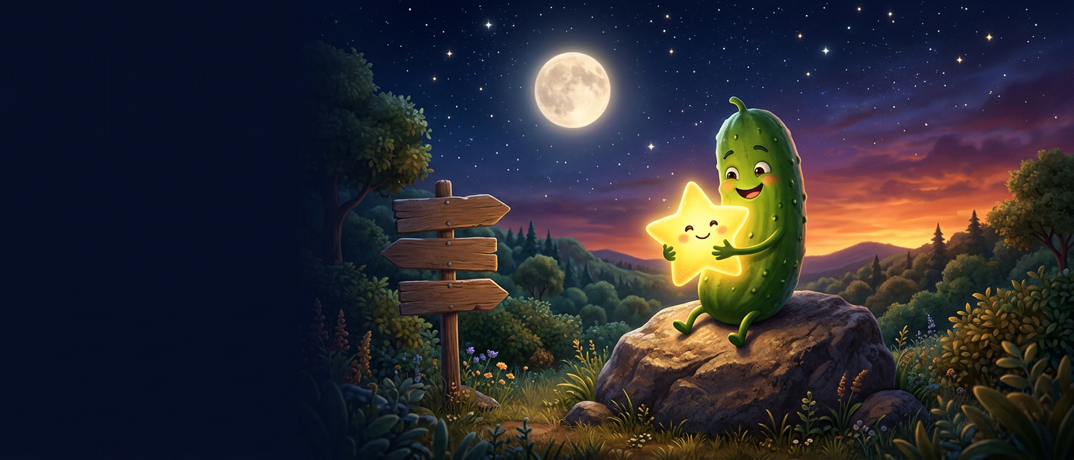 A smiling pickle sits on a rock under a starry sky, hugging a glowing star beside a wooden signpost.