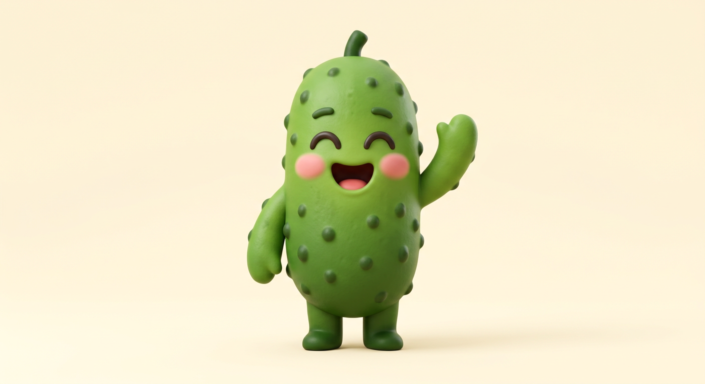 Pip, the Moonpickle mascot: a cheerful green pickle waving hello.